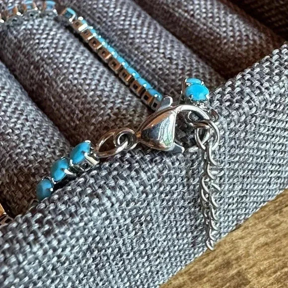 Waterproof Aqua Blue Turquoise Colored CZ Stainless Steel Tennis Bracelet - Picture 3 of 4